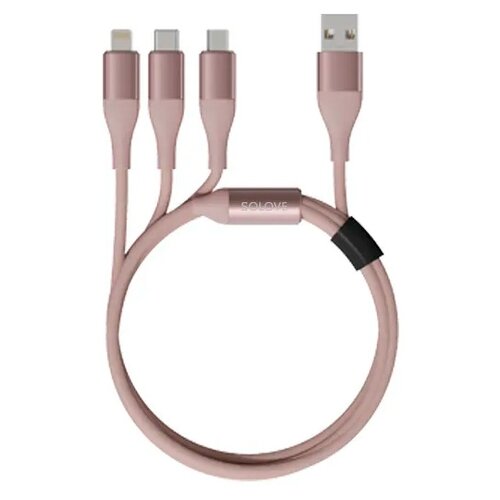 Кабель SOLOVE USB Lightning/Micro/Type-C, 1.2 м, розовый кабель solove 3 in 1 usb lightning micro type c 1 2м 5v 2 4а нейлоновая оплетка dw2 pink техпак розовый