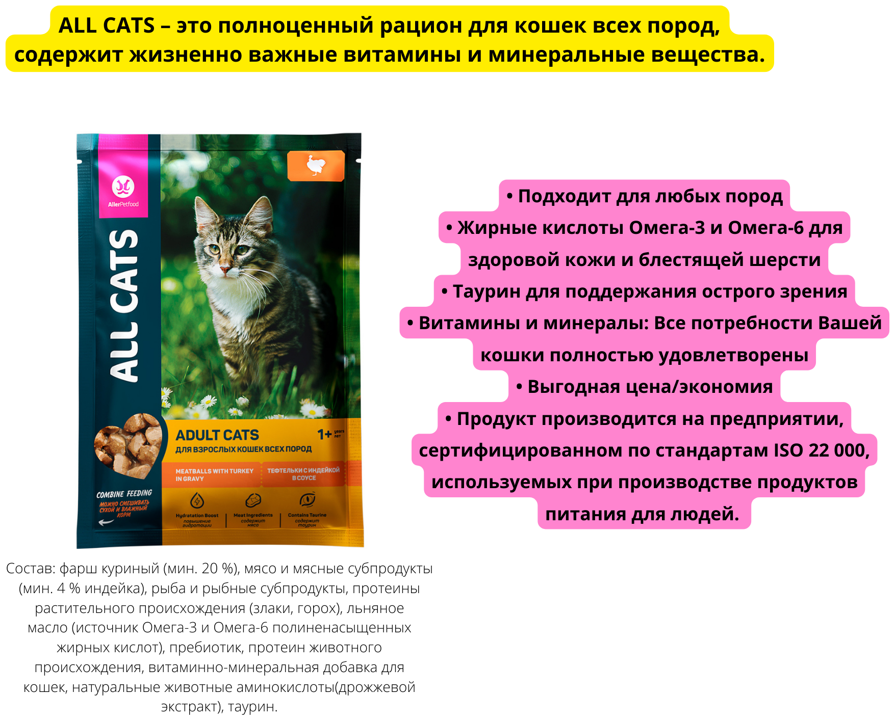 Корм влажный ALL CATS ADULT тефтельки индейка в соусе для взрослых кошек (28шт x 85 г) — фото 1