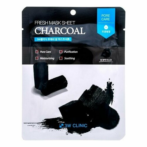 тканевая маска для лица с древесным углем sheet face mask charcoal 3W Clinic Тканевая маска для лица с древесным углем, 23 мл, 4 штуки