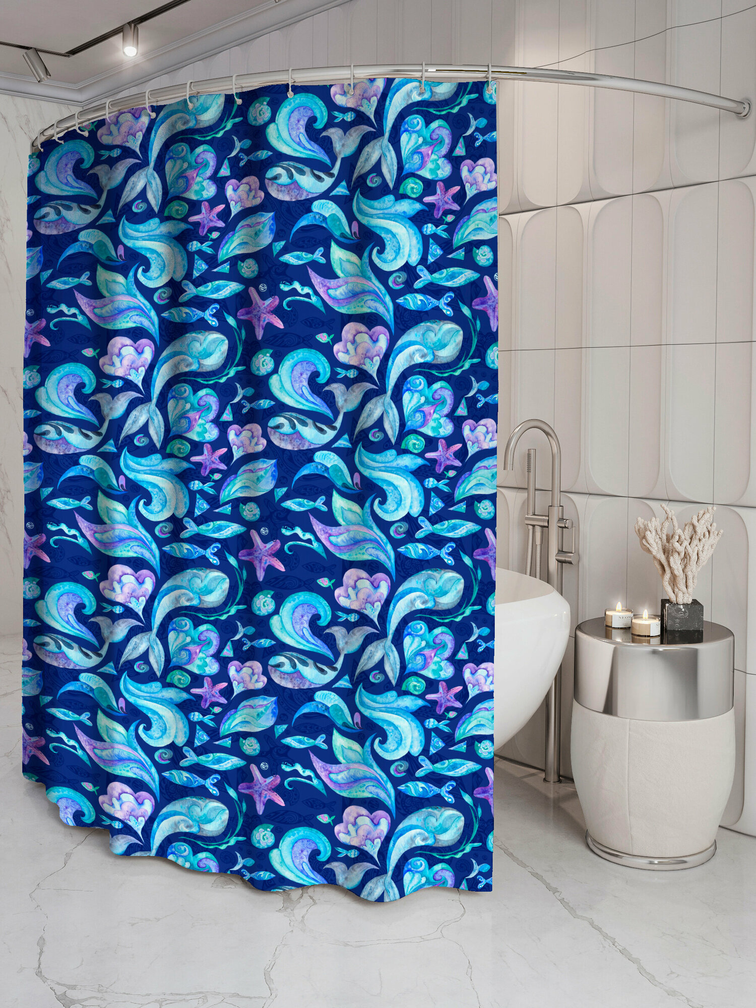 фото Штора для ванной "Кит и морская звезда синий",170x200 см с кольцами