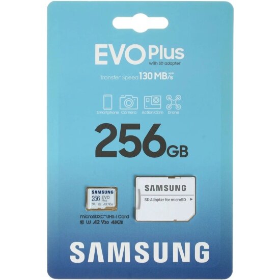 Карта памяти Samsung EVO Plus microSDXC 256Gb Class10, UHS-I, U3 + Adapter (MB-MC256KA/CN)