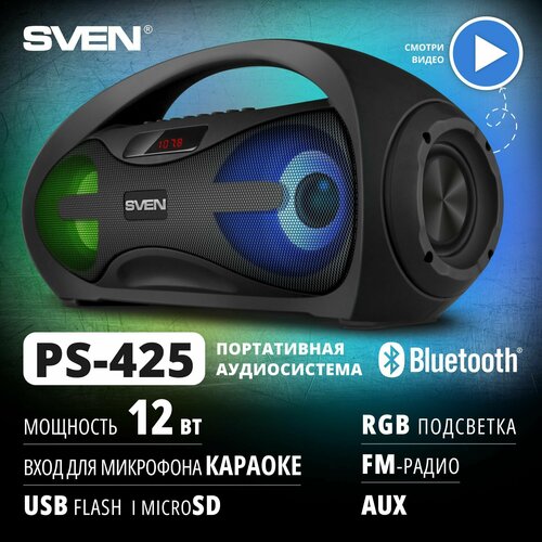 АС PS-425, черный (12 Вт, Bluetooth, FM, USB, microSD, LED-дисплей, 1500мА*ч)