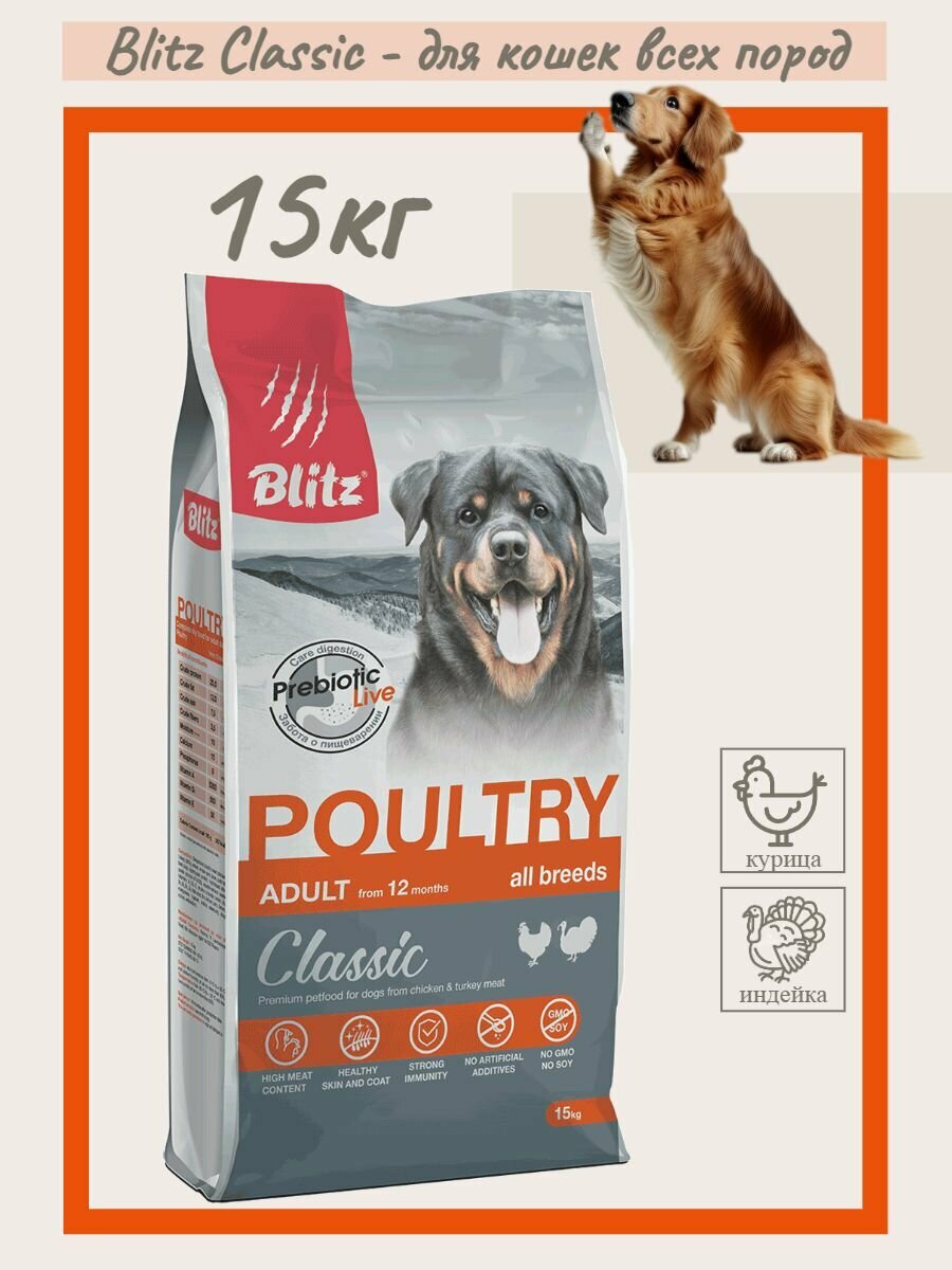 Blitz Classic Poultry Adult Dog All Breeds 15кг сухой корм для взрослых собак всех пород с домашней птицей