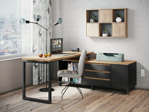 Изображение товара Угловой стол на металлическом основании Гордон Блэк Стайл У8 Фабрика Стиль, 140х150х75 см, Дуб Вотан