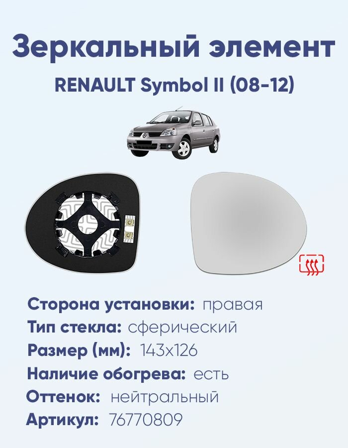 Зеркальный элемент правый RENAULT Symbol II (08-12) сфера нейтральный с обогревом