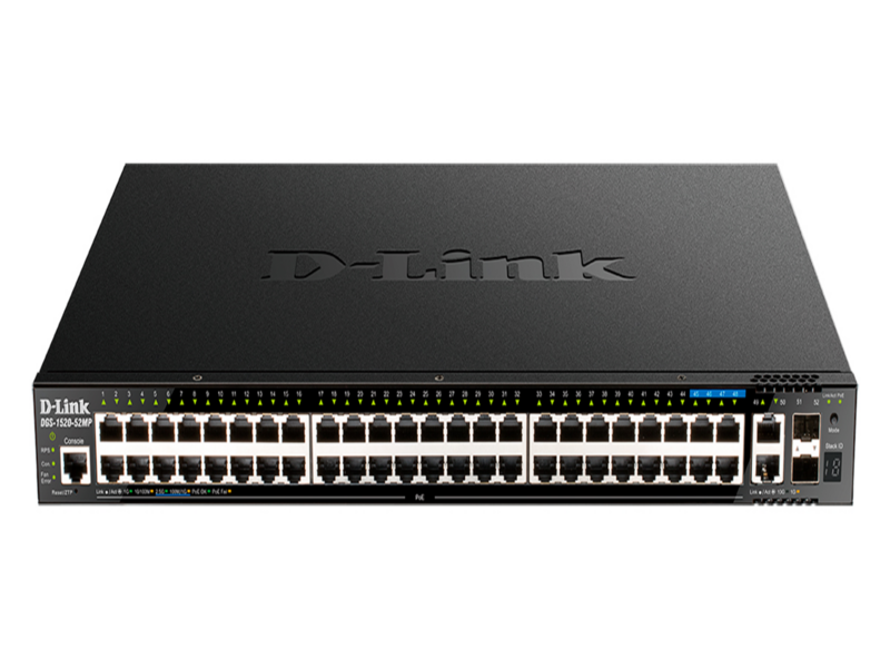 Коммутатор коммутатор/ DGS-1520-52MP, DGS-1520-52MP/A1A Managed L3 Stackable Switch 44x1000Base-T PoE, 4x2.5GBase-T PoE, 2x10GBase-T, 2x10GBase-X SFP+, PoE Budget 370W (740W with DPS-700), CLI, RJ45 Console, RPS