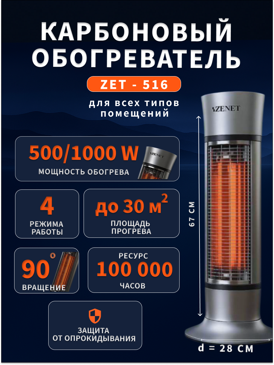 Инфракрасный обогреватель ZENET ZET-516 напольный карбоновый 500-1000Вт серебристый