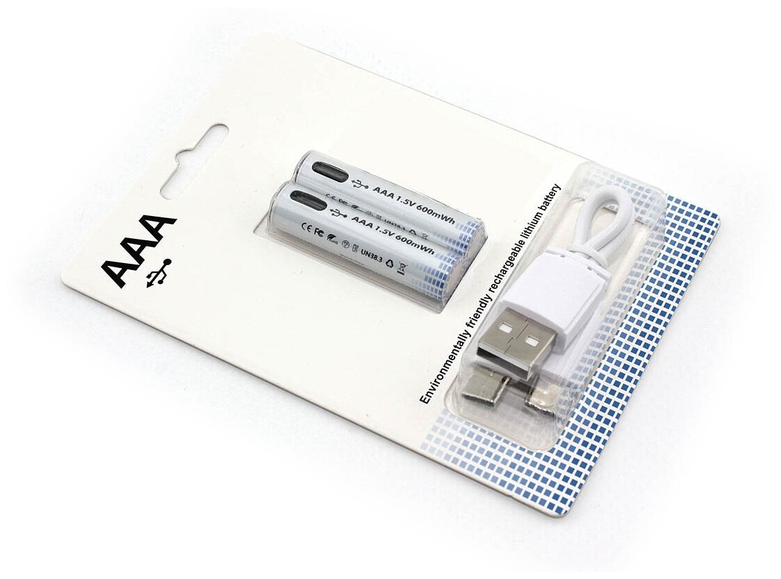 Аккумуляторная батарейка LR03 (АAА), 1.5В, 400мАч, с зарядкой Type-C, 2 шт.