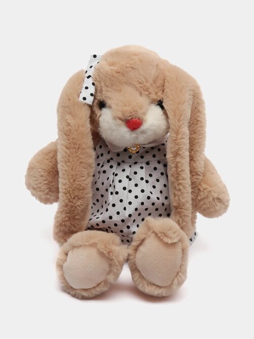 Мягкая игрушка заяц банни в платьице в серый горох Плюшевый заяц бежевый, 32 см.