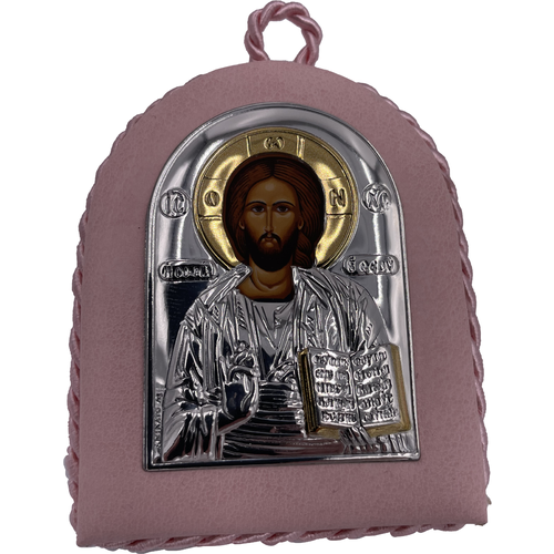 Икона Христос Спаситель, кожаный переплёт - розового цвета, 4,5*6 см