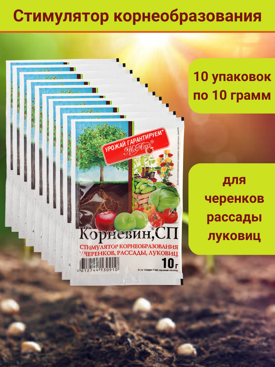 Корневин, стимулятор образования и роста корней 10 г, в комплекте 10 упаковок по 10 г.