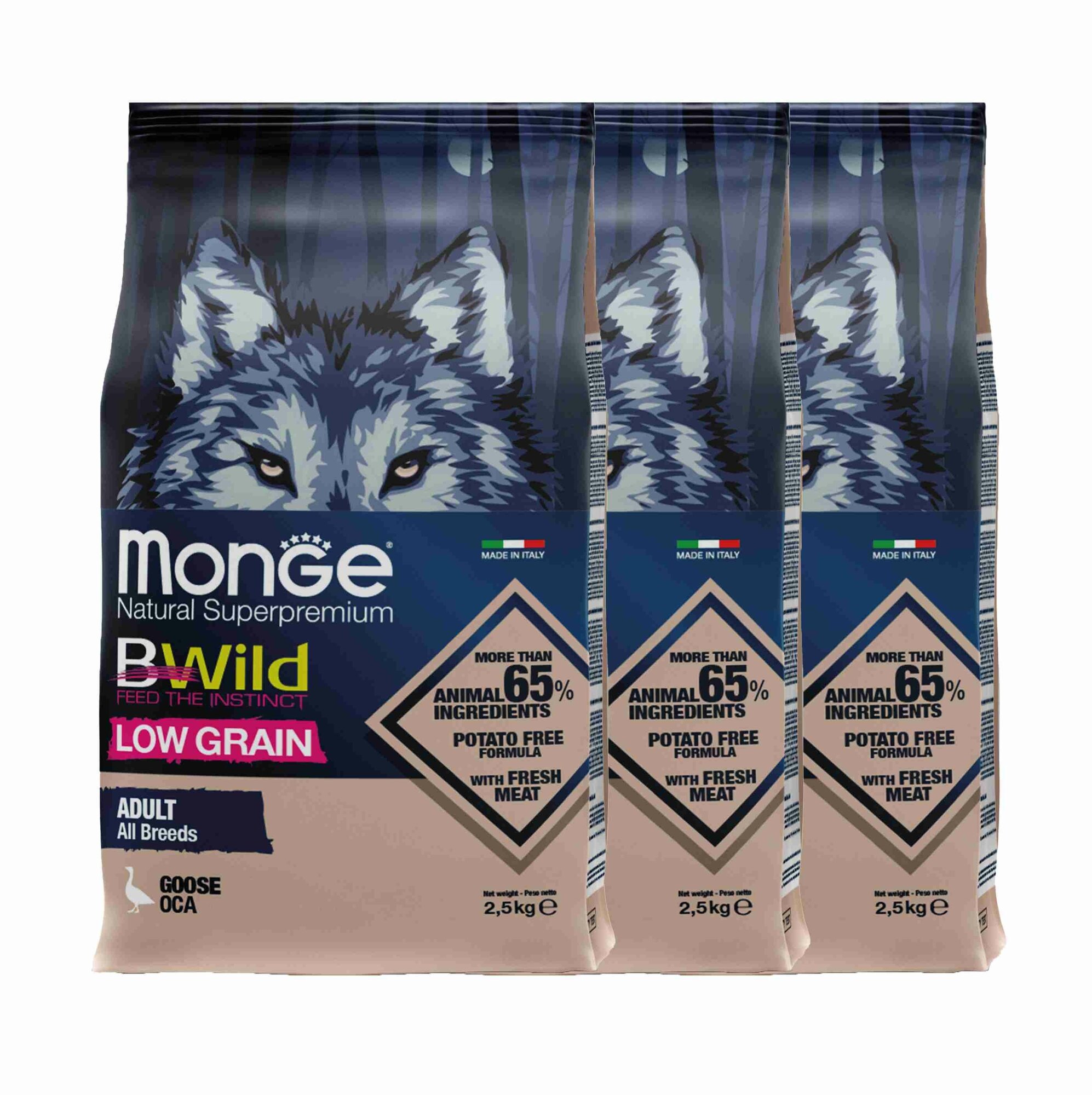 Monge Dog BWild LOW GRAIN низкозерновой корм из мяса гуся для взрослых собак всех пород 2,5 кг х 3 шт.