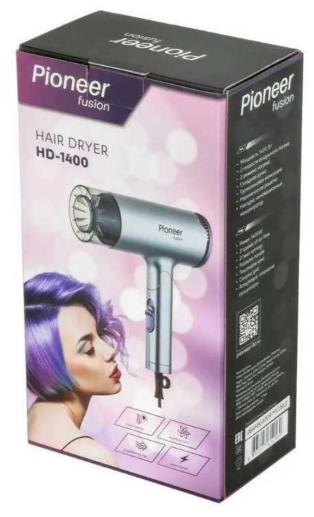 Фен Pioneer HD-1400, серебристый/фиолетовый - фотография № 10