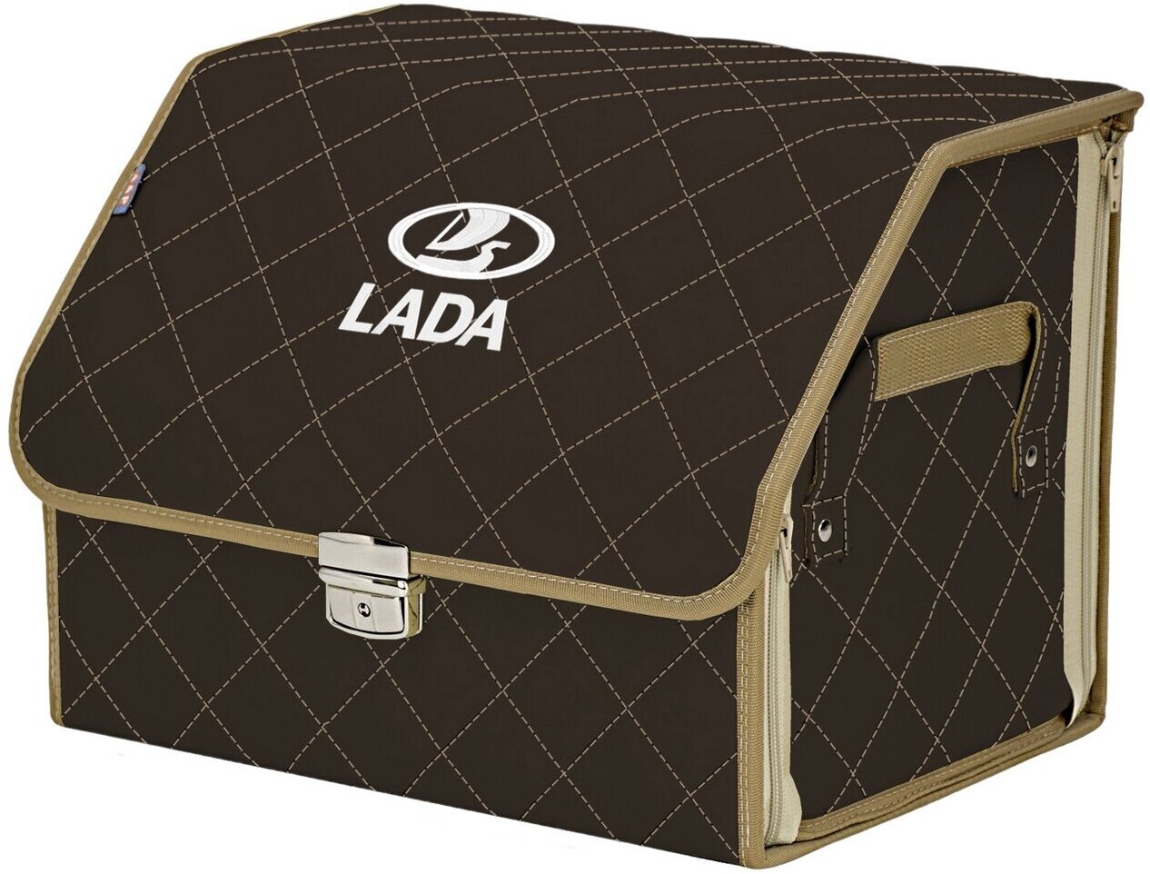 Органайзер-саквояж в багажник "Союз Премиум" (размер M). Цвет: коричневый с бежевой прострочкой Ромб и вышивкой LADA (лада).