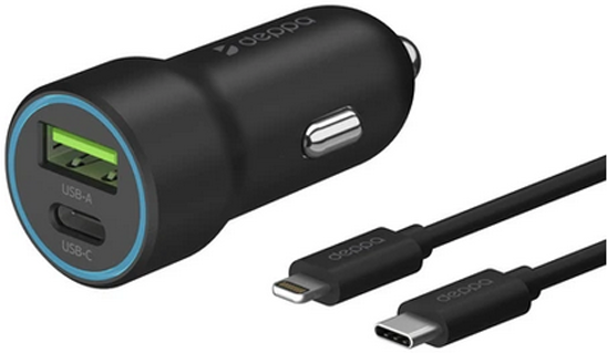 Автомобильное зарядное устройство Deppa USB-C + USB-A, PD 3.0, QC 3.0, 20 Вт, дата-кабель USB-C - Lightning (MFI), 1.2 м, черный