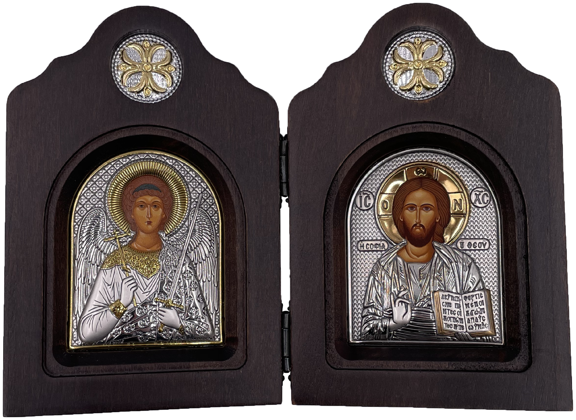 Икона Ангел Хранитель и Спаситель, диптих, шелкография, «золотой» декор, серебро 10*16 см