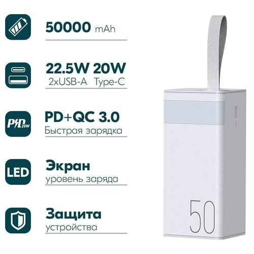 Внешний аккумулятор универсальный Remax RPP-321 50000 mAh Chinen series Super Fast Charg 22.5W/PD20W/QC3.0 power bank (2USB:5V-3.0A Max) Белый внешний аккумулятор remax rpp 129 kingkong ii qc 22 5w pd 18w multi compatible power bank 3 0 серый