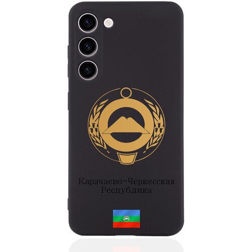 Черный силиконовый чехол SignumCase для Samsung Galaxy S23+/S23 Plus Золотой Герб Карачаево-Черкесской Республики