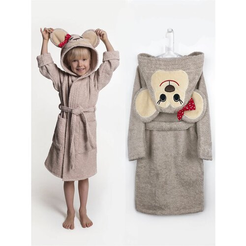 Халат Fluffy Bunny, длинный рукав, карманы, пояс/ремень, манжеты, капюшон, размер 122-128, бежевый