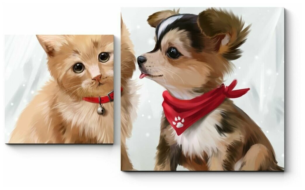 Модульная картина Котенок и щенок акварелью70x42