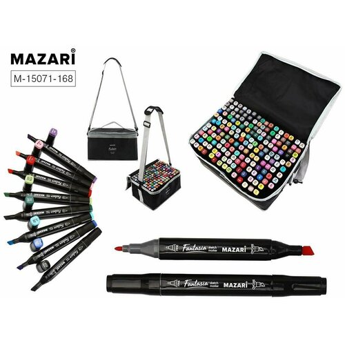 Маркер художественный двусторонний Набор 168 цветов MAZARI Fantasia 3-6,2мм (черный четырехгранный корпус) в сумке (50713)