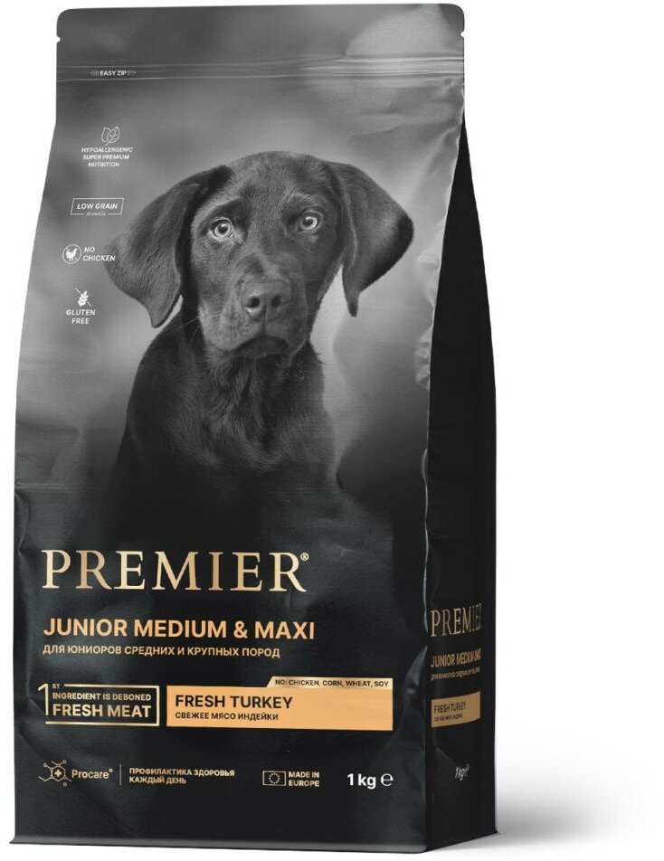 Premier Dog Turkey Junior Medium & Maxi сухой корм для юниоров средних и крупных пород, свежее мясо индейки - 1 кг