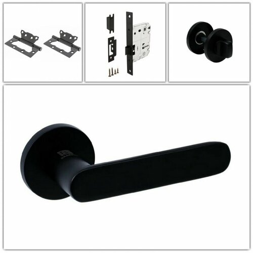 Комплект ручек для дверей Bussare ERA_A-21-50_BLACK_WC, черный (ручка + замок WC + 2 петли без врезки + завертка)