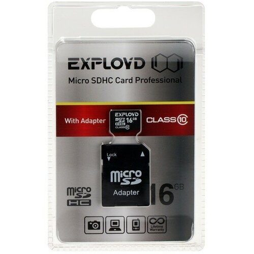 Карта памяти Exployd MicroSD, 16 Гб, SDHC, класс 10, с адаптером SD