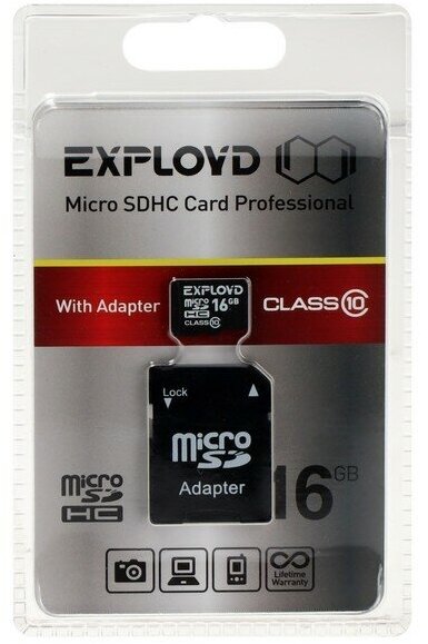 Карта памяти Eхployd MicroSD, 16 Гб, SDHC, класс 10, с адаптером SD