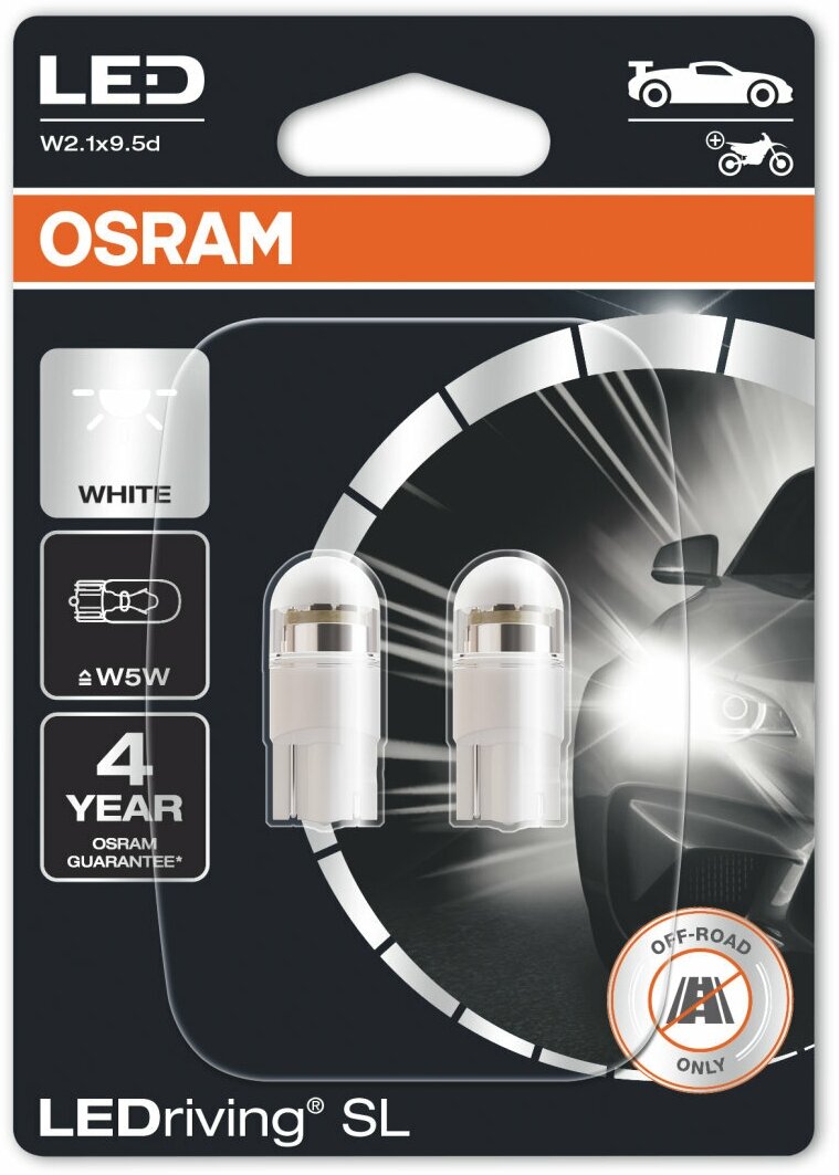 Автомобильные светодиодные лампы Osram W5W (W2,1x9,5d) LEDRIVING SL 6000K GEN3 (2 шт.) 2825DWP-02B