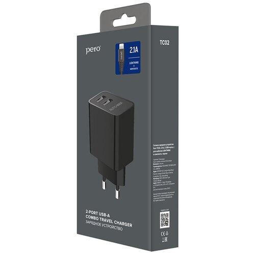 Сетевое зарядное устройство PERO TC02, 2 USB, 2.1 А, кабель Lightning, черное 9568367