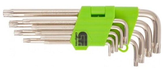Набор ключей TORX Сибртех 12322, 9 шт: T10-T50, 45x, закаленные, удлиненные, никелированные