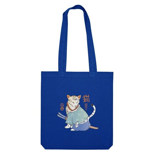сумка японский кот самурай japanese samurai cat ярко синий Сумка шоппер Us Basic, синий