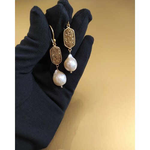 COOLSTONE Серьги MIKONOS дизайнерские премиум с мерцающими друзами агата и крупным жемчугом барокко в позолоте, ручная работа