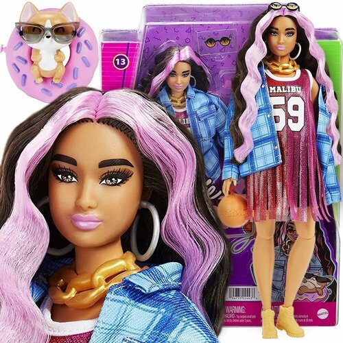 Кукла Барби Экстра - Черно-розовые волосы (Barbie Extra Doll #13 in Basketball Jersey Dress & Accessories, with Pet Corgi)