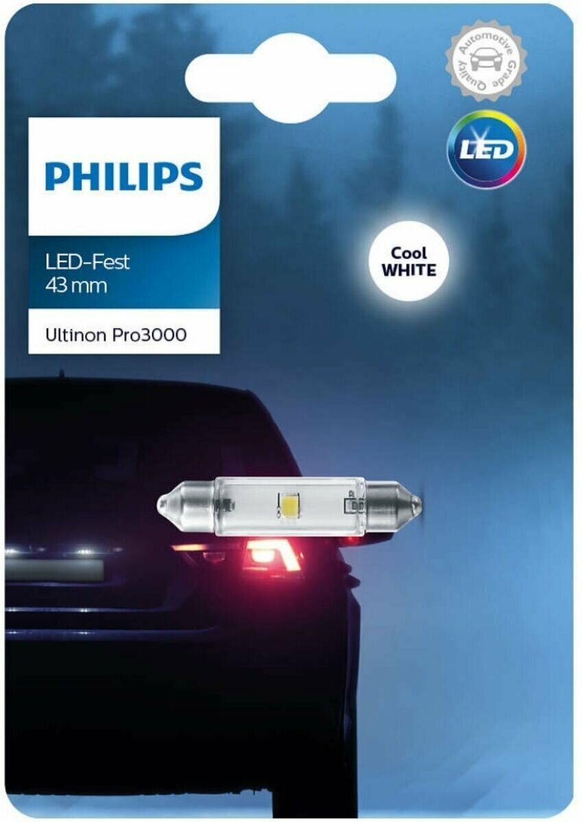 Лампа автом.светодио. Philips Fest T10,5x43 12В 0.6Вт (упак.:1шт) 6000K - фото №1