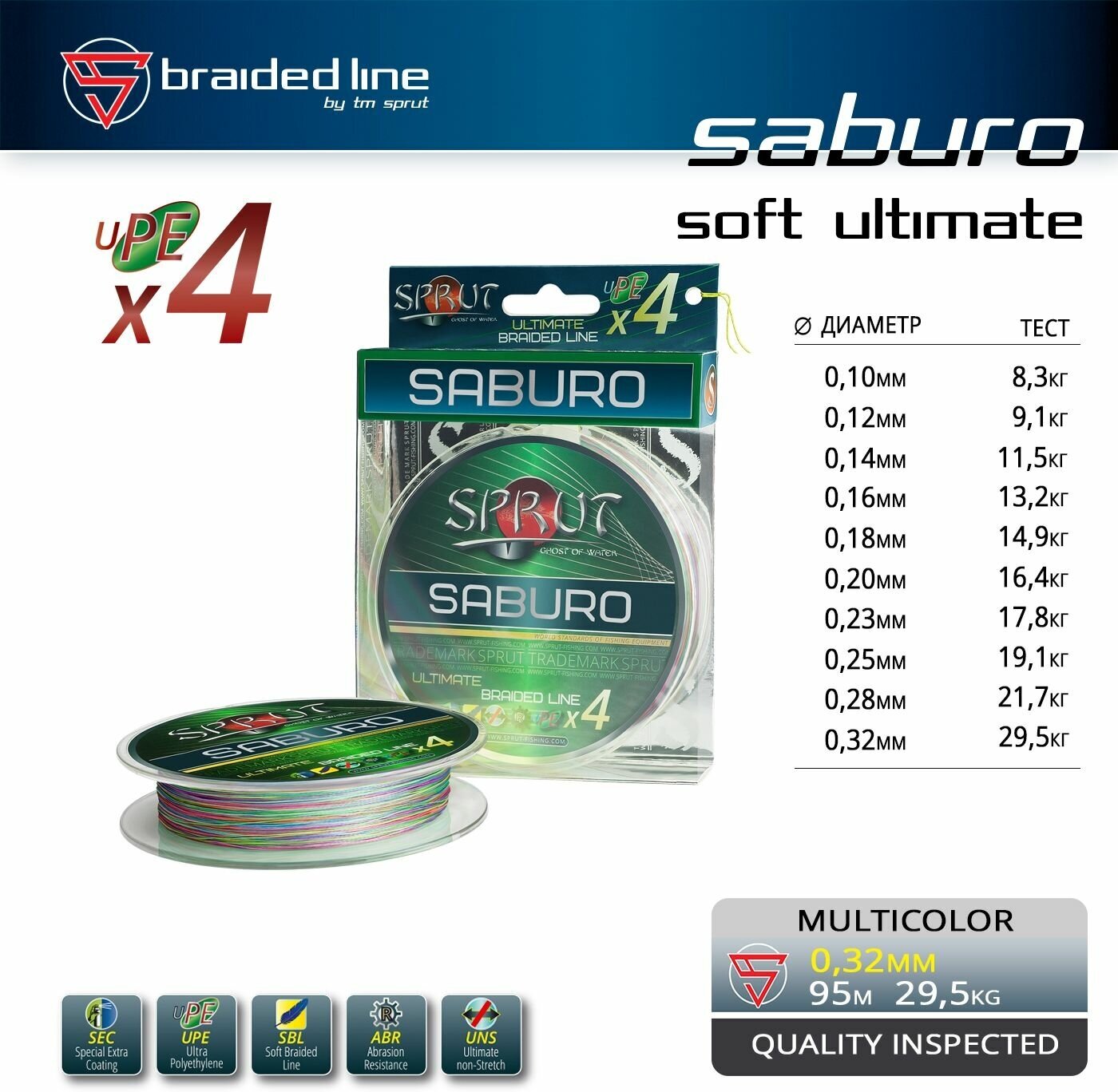 Шнур / Sprut Saburo 95m (Multicolor/032mm/295kg)