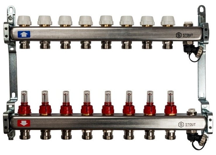 фото STOUT Коллекторная группа STOUT - 1" на 8 контуров 3/4" (расходомеры, клапананы, сливные краны)