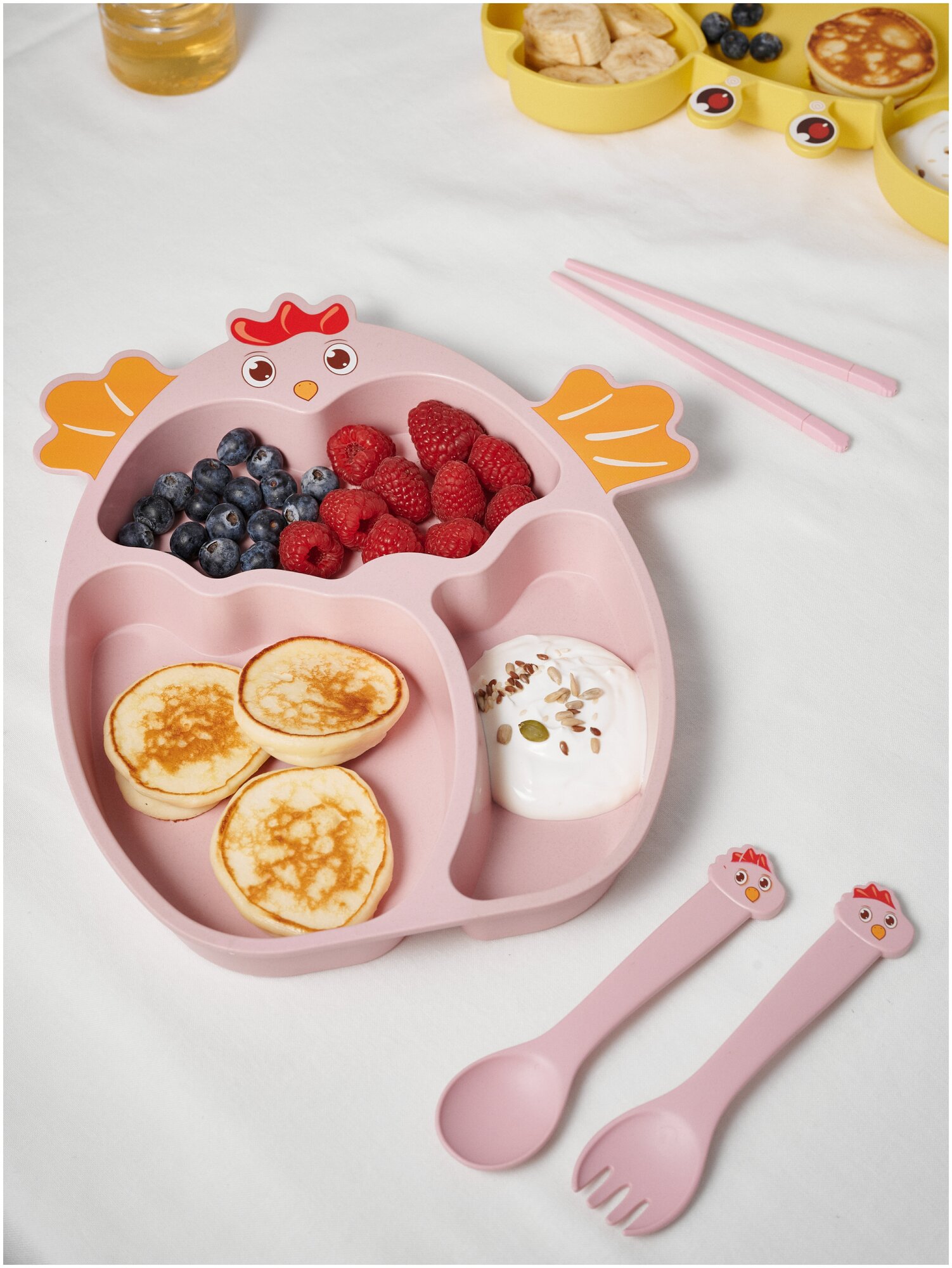 Детская посуда набор Цыпленок детская тарелка, ложка, вилка, розовая