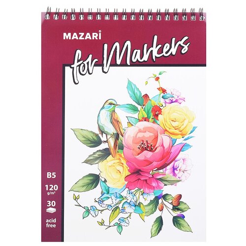 Mazari Скетчбук для маркеров Цветы на спирали 30 листов / блокнот альбом для рисования А5 / sketchbook / скетчинг / скетчбуки / для детей