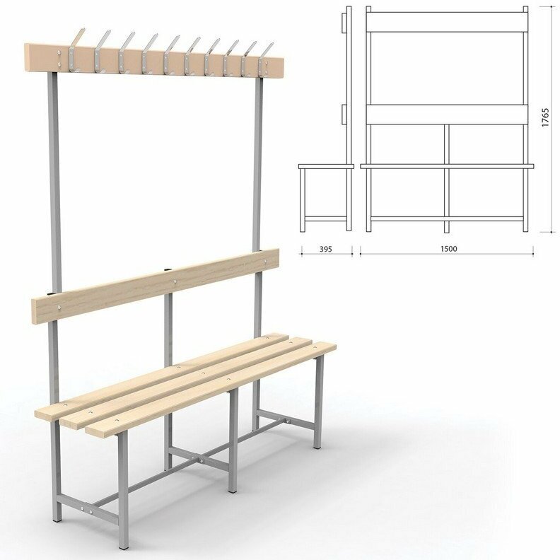 Скамья с вешалкой, спинкой "СВТ 5", 1765х1500х395 мм, 10 крючков, каркас металлический серый, сиденье дерево