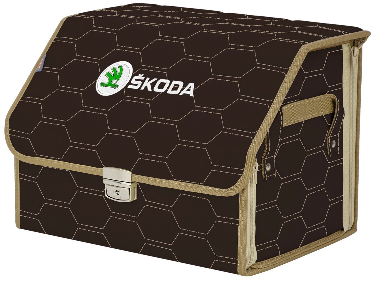 Органайзер-саквояж в багажник "Союз Премиум" (размер M). Цвет: коричневый с бежевой прострочкой Соты и вышивкой Skoda (Шкода).