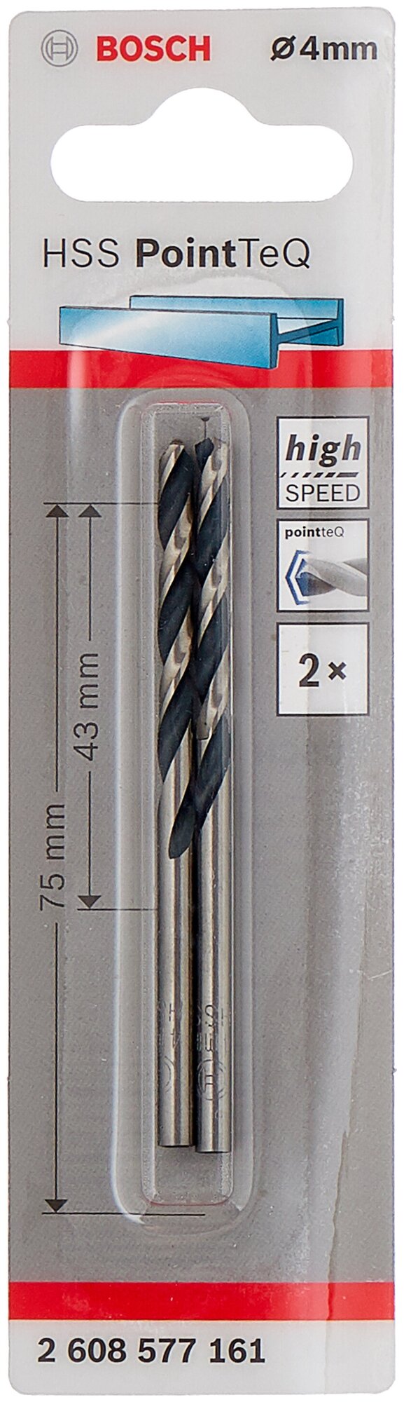 Сверло винтовое, по металлу BOSCH PointTeQ 2.608.577.161, 2 шт. 4 x 75 мм