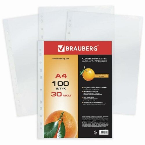 Файл-вкладыш А4, 30 мкм, BRAUBERG, тиснение, вертикальный, 100 штук файл вкладыш а4 60 мкм berlingo апельсиновая корка матовый 100 штук в упаковке