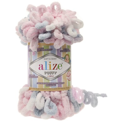 Плюшевая пряжа Alize Puffy Color (Ализе Пуффи Колор) - 3 мотка 5864 белый-розовый-серый, для вязания руками, большие петли (4см), 9м/100г пряжа плюшевая alize puffy ализе пуффи 3 мотка 673 бежевый голубь для вязания руками гипоаллергенная большие петли 4см 9м 100г