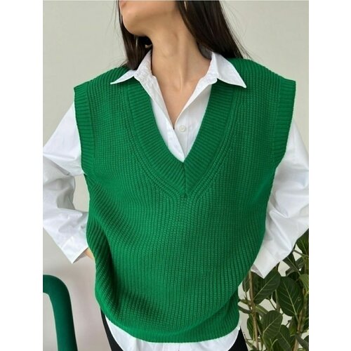 фото Жилет женский вязаный хлопковый, безрукавка подростковая однотонная , жилет oversize женский , размер 40-48, цвет зеленый chapken