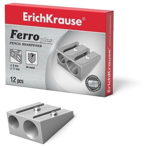 Точилка металлическая 2 отверстия Erich Krause FERRO PLUS, алюминий, отверстия диаметром 8 мм и 11 мм, 12 шт.