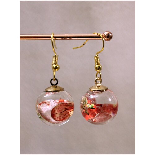 фото Серьги-подвески "цветочки в шарике": стекло + настоящие цветы + цинковый сплав сундучок