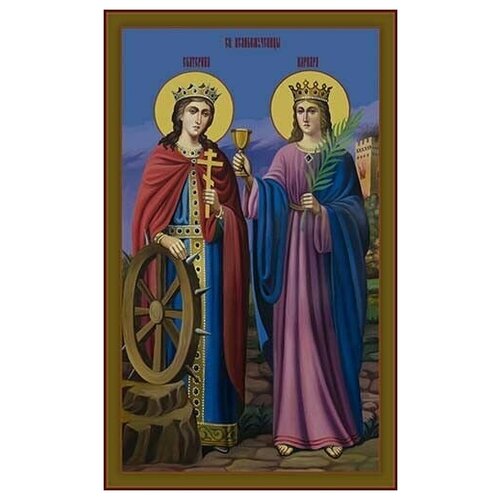 Освященная икона на дереве ручной работы - Варвара и Екатерина, вмц, 12х20х1,8 см, арт Ик18884