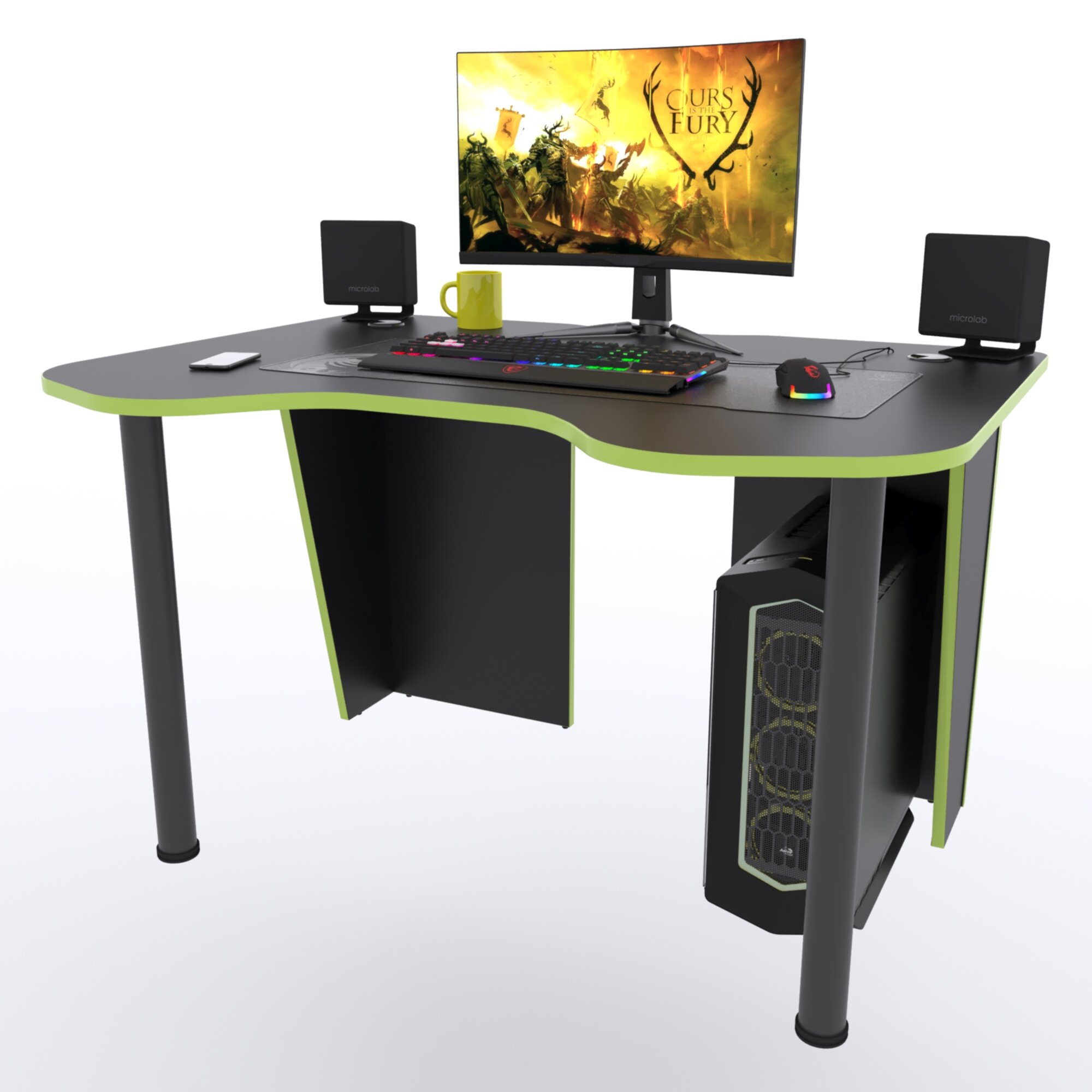 Игровой компьютерный стол "Старк", 140x90x75 см, чёрный с зелёной кромкой
